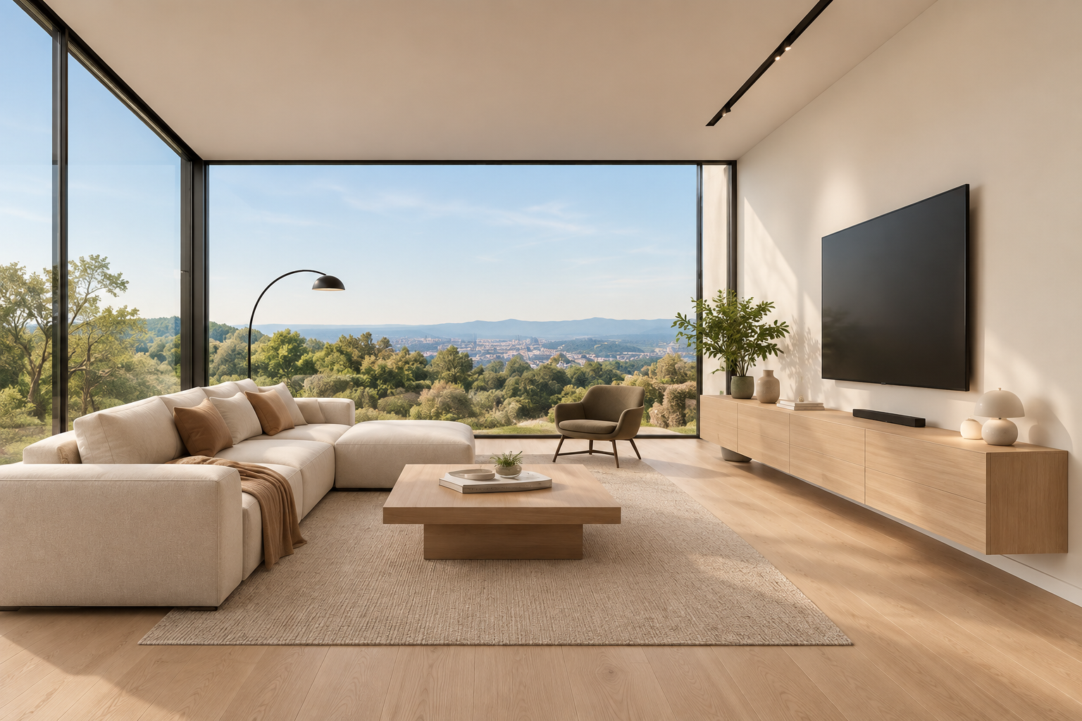 Living room visualisation with the selected finishes — Light oak · Warm white